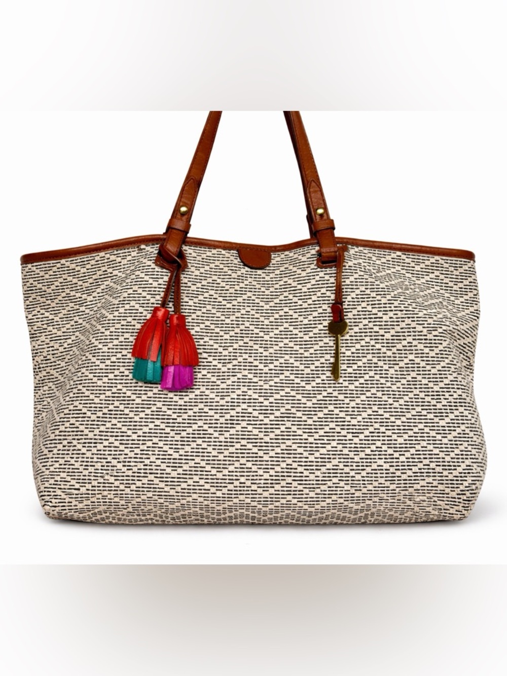 FOSSIL RACHEL Woven Cream And Black W/ Brown Leather Trim Tote Bag, Tassel & Key